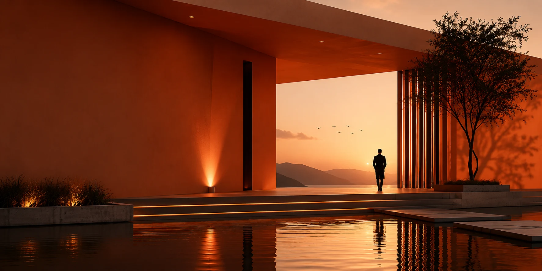Orange architectural arrival court with reflecting water by HN Architects